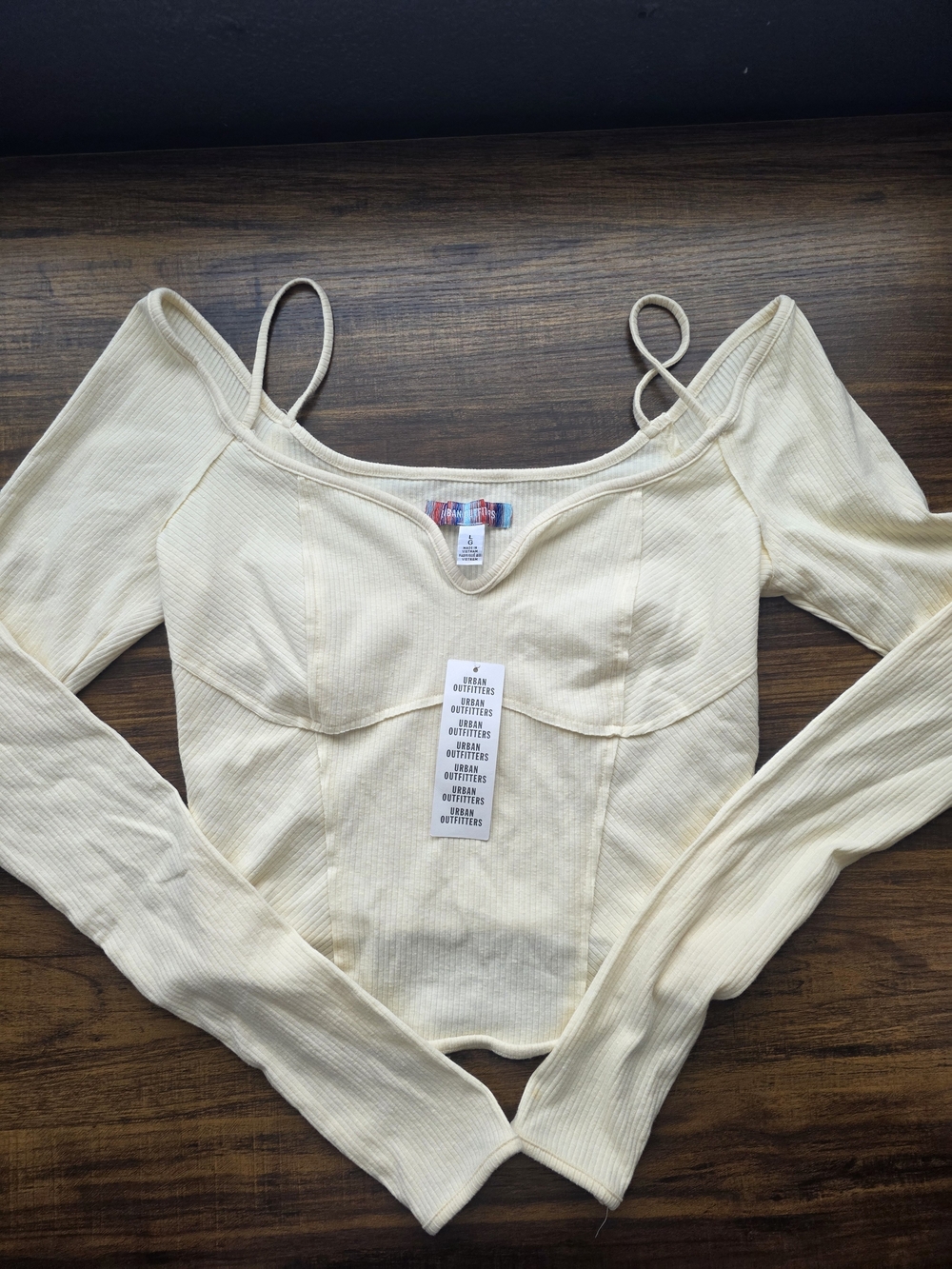 Urban Outfitters Cream Ribbed Off-Shoulder Long Sleeve Crop Top